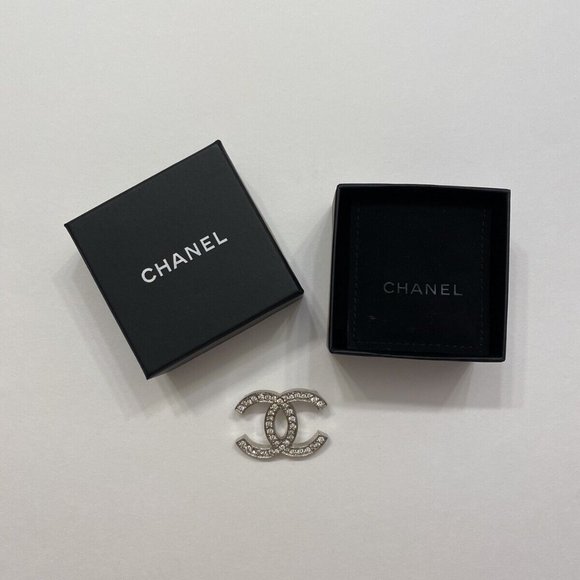 CHANEL CC Silver Crystal Rhinestone Pin Brooch - Picture 1 of 5